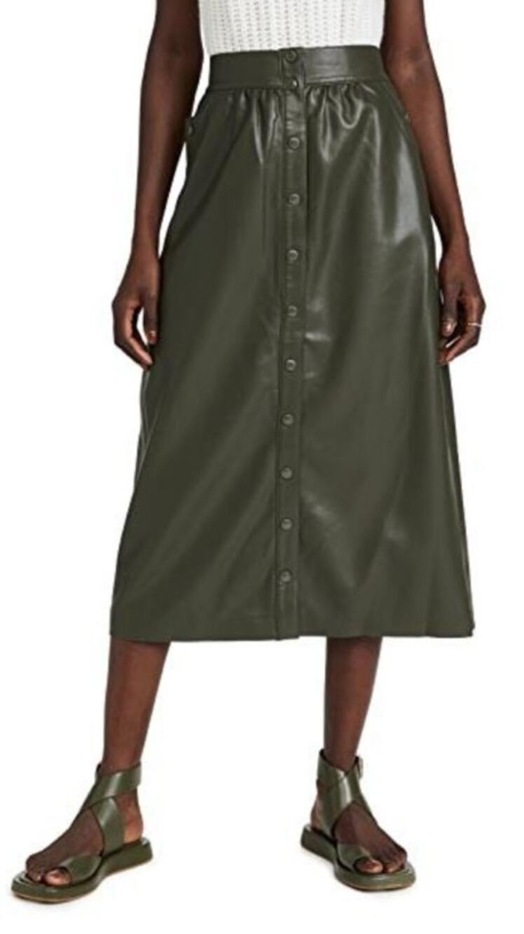 Sea NYC Lena Vegan Leather Skirt Green Midi A Line Full Button Front Women's 6